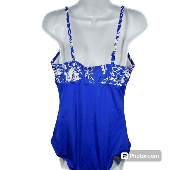 Gabar One Piece Swimsuit Royal Blue & Floral, V Neck with Ruffle Women's Size 14 - Picture 2 of 12